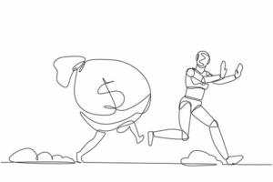 Single one line drawing stressed robot being chased by money bag. Hurry in achieving wealth and profit goals. Future technology development. Continuous line draw design graphic vector illustration