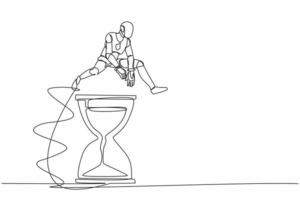 Single continuous line drawing robot jumping over hourglass. Business scheduling and time management concept. Modern robotic artificial intelligence. One line draw graphic design vector illustration