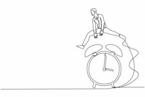 Single continuous line drawing smart and happy businessman jump over time passing alarm clock. Business deadline or working time efficiency concept. One line draw graphic design vector illustration