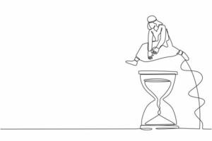 Un solo hombre de negocios árabe de dibujo de una línea salta o pasa el reloj de arena. cultura de trabajo con horario. eficiencia del plazo del proyecto empresarial. ilustración de vector gráfico de diseño de línea continua
