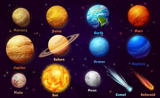 Sun system cartoon planets and stars, solar galaxy vector