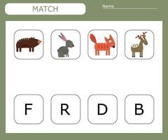 encuentra la primera letra de los animales del bosque y conéctate. juego educativo para niños. vector
