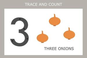 A game of tracing the outlines of the number three with onions. Preschool worksheet, kids activity sheet, printable worksheet vector