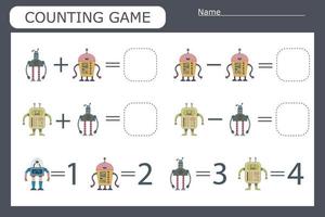 counting game with funny robots . Preschool worksheet, kids activity sheet, printable worksheet vector