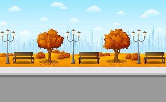 Autumn city park with bench and streetlight on suburban vector