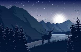 Mountain landscape with deer and forest at night vector