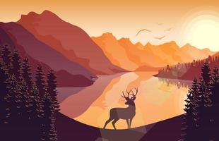 Mountain landscape with deer and forest at sunset vector