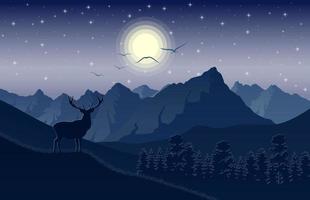 Mountain landscape with deer and forest at night vector