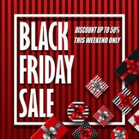 Vector illustration of Black Friday sale banner with different gift boxes and black ribbon