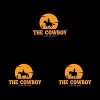 Set of Cowboy Riding Horse Silhouette at Night Logo vector