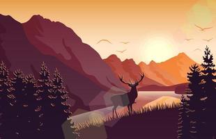 Mountain landscape with deer and forest at sunset vector