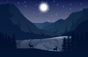 paisaje de montaña con ciervos y bosques por la noche vector