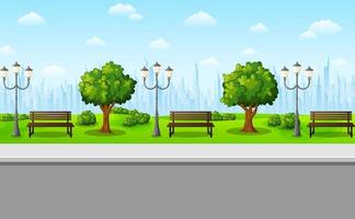 Green city park with bench and streetlight on suburban vector