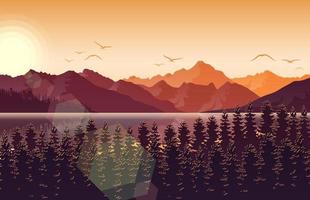 paisaje de montaña con ciervos y bosques al atardecer vector