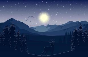 Mountain landscape with deer and forest at night vector
