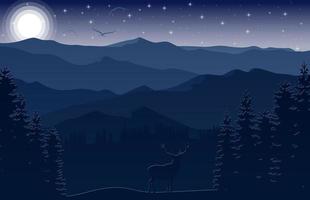 paisaje de montaña con ciervos y bosques por la noche vector