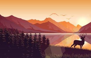 paisaje de montaña con ciervos y bosques al atardecer vector