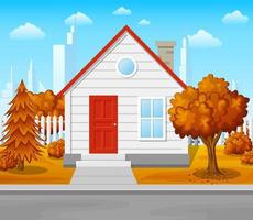 ilustración vectorial del paisaje montañoso con casa familiar en temporada de otoño vector