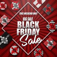 Vector illustration of Black Friday sale banner with different gift boxes and black ribbon