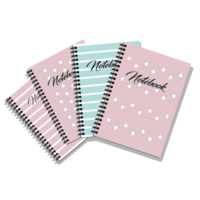 A group of school notebooks in pastel colors, some of them carry white stars with a pink background, and some of them have broad stripes with the word notebook written on them png