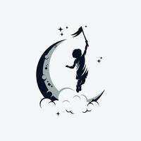 A child is flying holding a flag on the moon logo design template vector