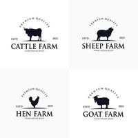 concepto de diseño de logotipo de granja granja de vacas, corderos, cabras y pollos con fondo blanco vector
