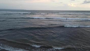 Aerial view of people surfing on waves during sunset when vacation in Bali, Indonesia. video