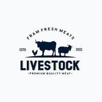 Livestock vintage logo with cow, chicken, and goat with white background vector