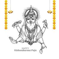 dibujar a mano dios hindú vishwakarma sketch y vishwakarma puja fondo de vacaciones vector