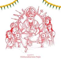 Hand draw happy vishwakarma puja colorful sketch celebration card design vector