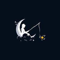 niño pescando en la plantilla de diseño del logotipo de la luna vector