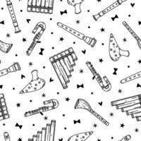 Flutes seamless vector pattern. Hand drawn wooden, metal musical instruments. Block flute, piccolo, pan pipe, ocarina. Tools for classical melodies. Black and white background for wallpapers, textiles