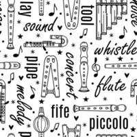 Flutes seamless vector pattern. Block flute, whistle, piccolo. Wooden, metal musical instruments. Black and white tools for classical melodies. Simple sketch, background for textile, wrapping, web