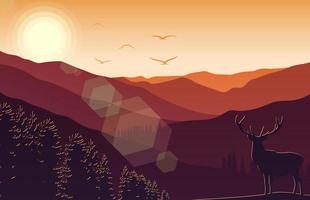 Mountain landscape with deer and forest at sunset vector