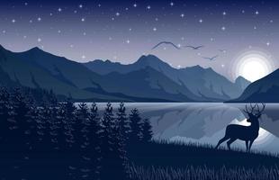 paisaje de montaña con ciervos y bosques por la noche vector