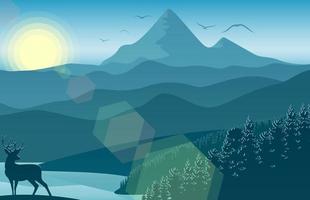 ilustración vectorial del paisaje montañoso con ciervos y bosques por la mañana vector