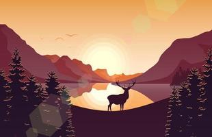 Mountain landscape with deer and forest at sunset vector