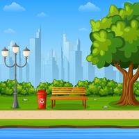 Green city park with bench and streetlight on suburban vector