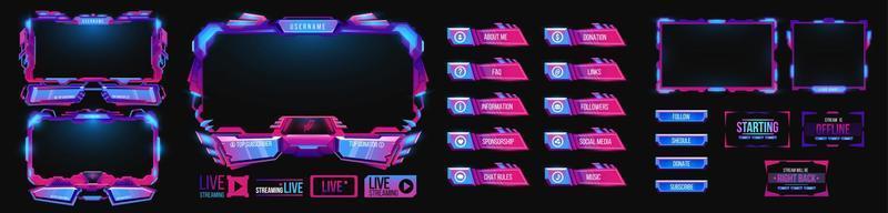 Overlay game stream interface, neon screen frames vector