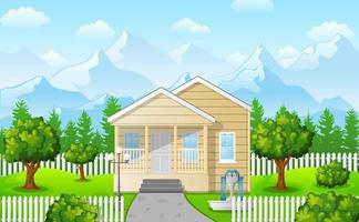 Vector illustration of Mountain landscape with family house on blue sky background
