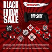 Vector illustration of Black Friday sale banner with different gift boxes and black ribbon