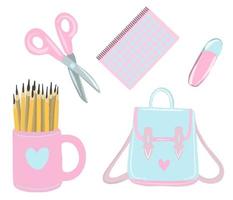 Cute vector set of back to school. Start of studies, stationery items in pink and blue.