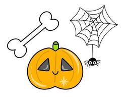 vector lindo conjunto de iconos de halloween en estilo plano. calabaza, hueso, pequeña araña en la web.