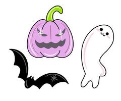 vector lindo conjunto de iconos de halloween en estilo plano. calabaza espeluznante púrpura, murciélago, fantasma.