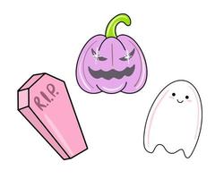 vector lindo conjunto de iconos de halloween en estilo plano. ataúd rosa, fantasma, calabaza morada espeluznante.