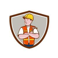 Builder Carpenter Folded Arms Hammer Crest Cartoon vector