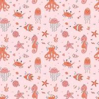 Cute seamless pattern with a nautical theme. Ocean and sea life background for fabric and packaging. Vector illustration for children.