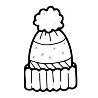 Warm winter knitted hat with pompom in doodle style. vector