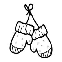 Warm winter knitted pair of mittens on a rope. vector