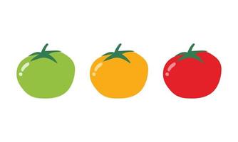 Set of simple red, green, yellow tomato clipart vector illustration isolated on white background. Fresh tomatoes cartoon style. Ripe tomato sign icon. Organic food, vegetables and restaurant concept